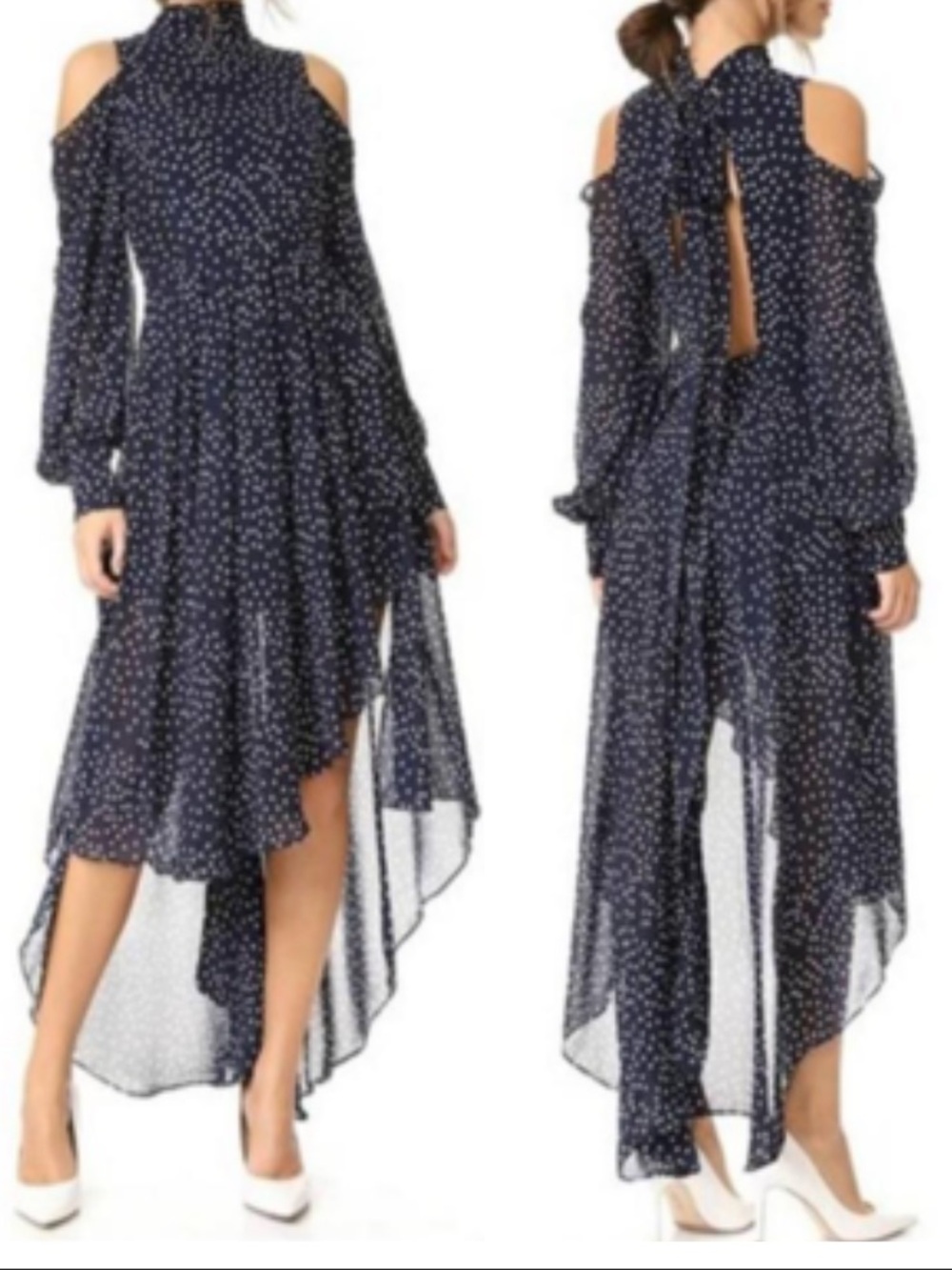 StyleKeepers Navy Polka Dot Cold-Shoulder High-Low Maxi Dress S